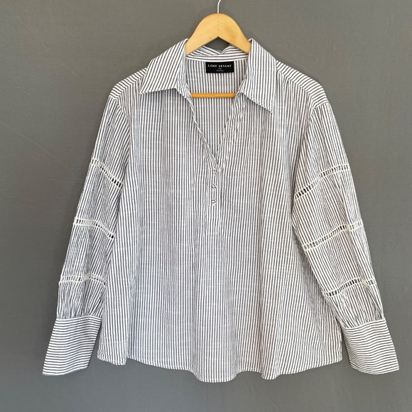 LANE BRYANT Size 14/16 Split Neck Striped Peasant Style Blouse 100% Cotton - Picture 7 of 7